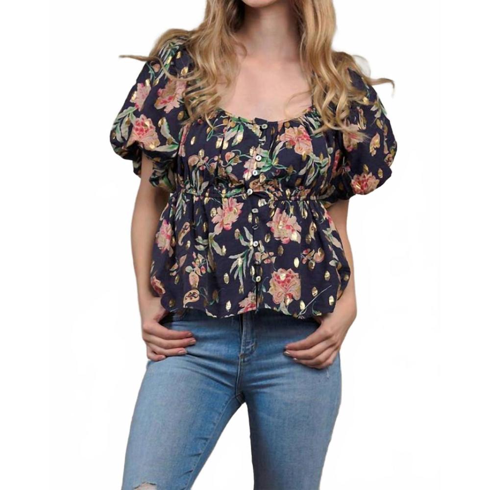 NEW COLLECTIVE RACK floral puffed button-down in blue